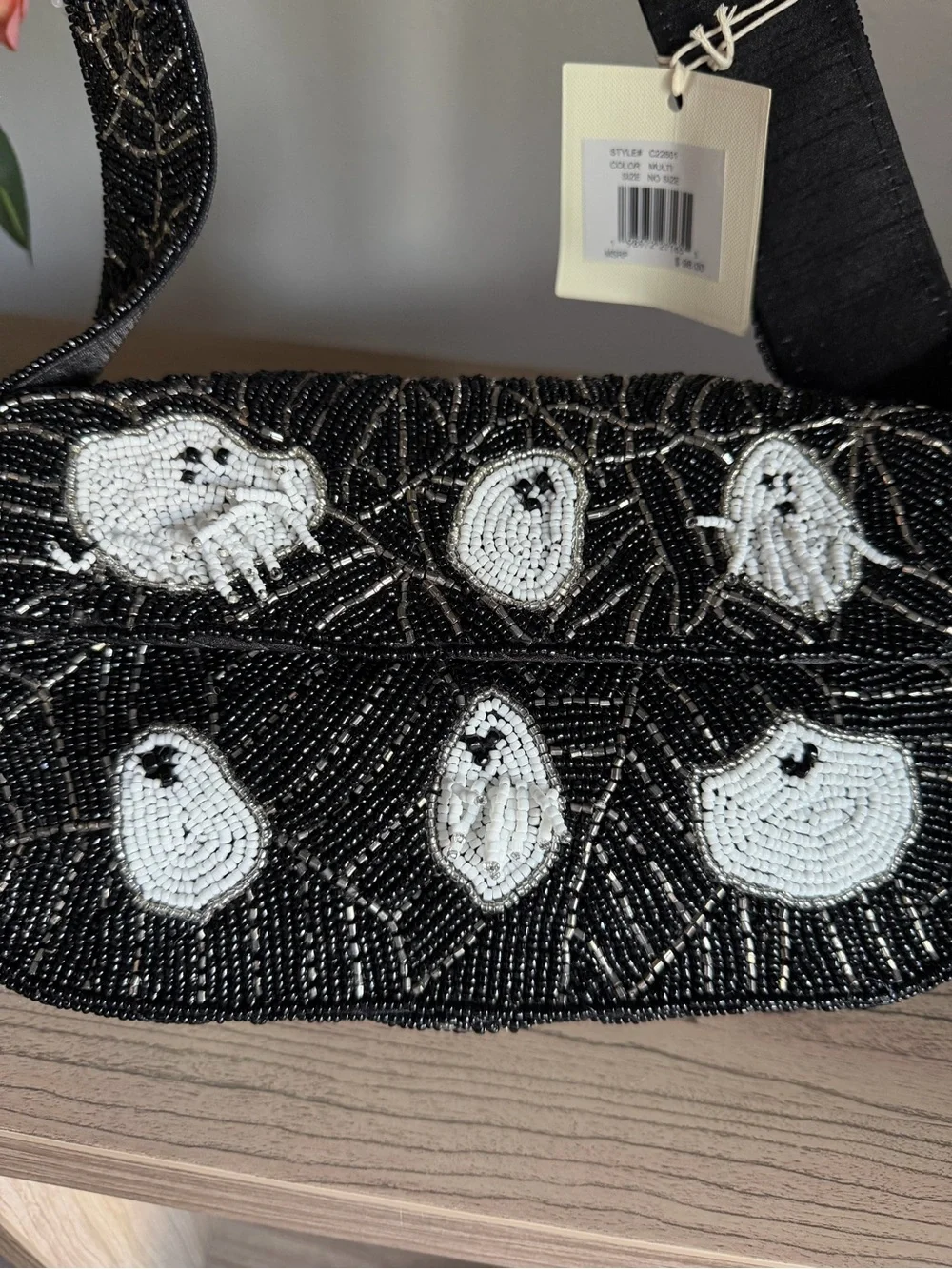 Viral Black Beaded Ghost Motif Halloween spider web Shoulder Bag sol & mer
